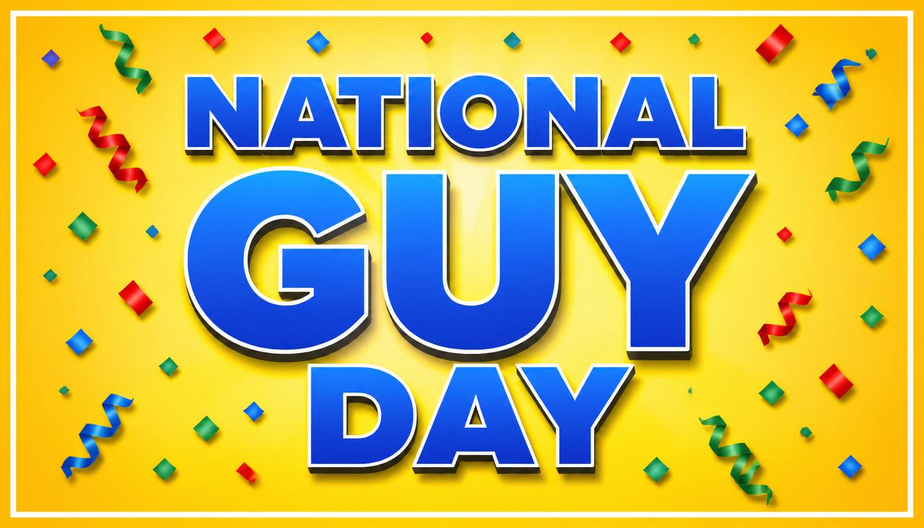 A yellow graphic with blue text reading National Guy Day surrounded by colorful confetti