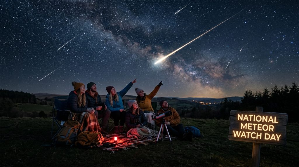 Group of people sitting on a grassy hill watching meteors in the night sky