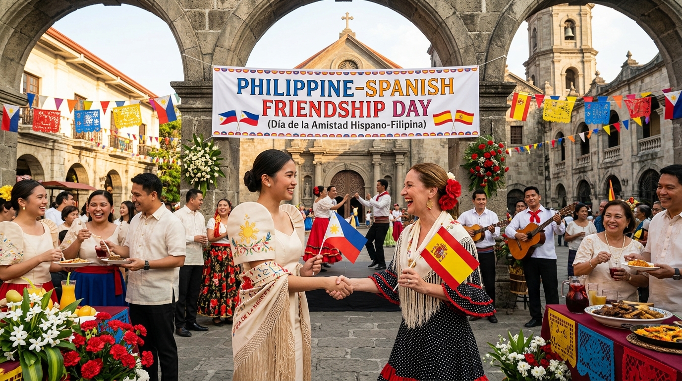 Two women in traditional dress shaking hands with a crowd and food in background