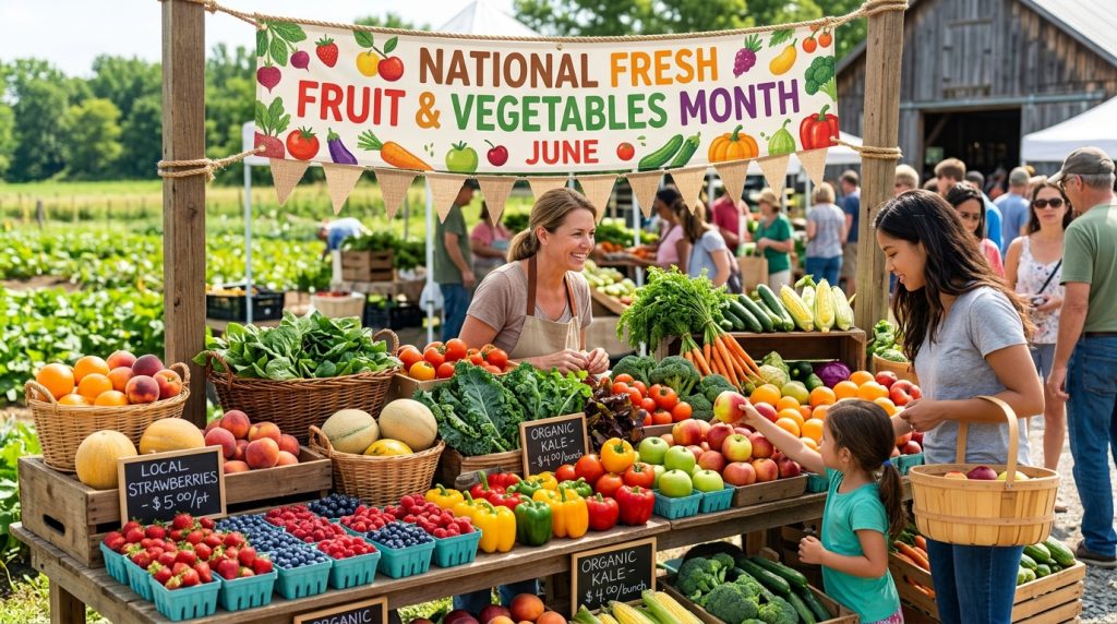 Smiling Vendor with Family Choosing Fresh Local Produce at Bustling Outdoor Farm Market - Feature Image June 71