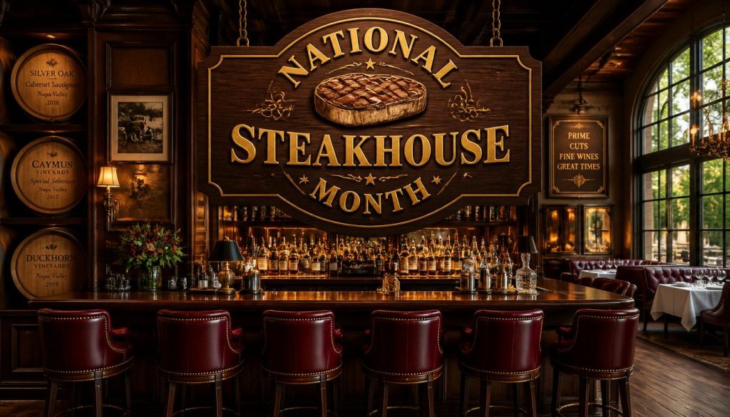 Luxury Steakhouse Bar Interior with 'National Steakhouse Month' Sign and Fine Wine Barrels - Feature Image June 88
