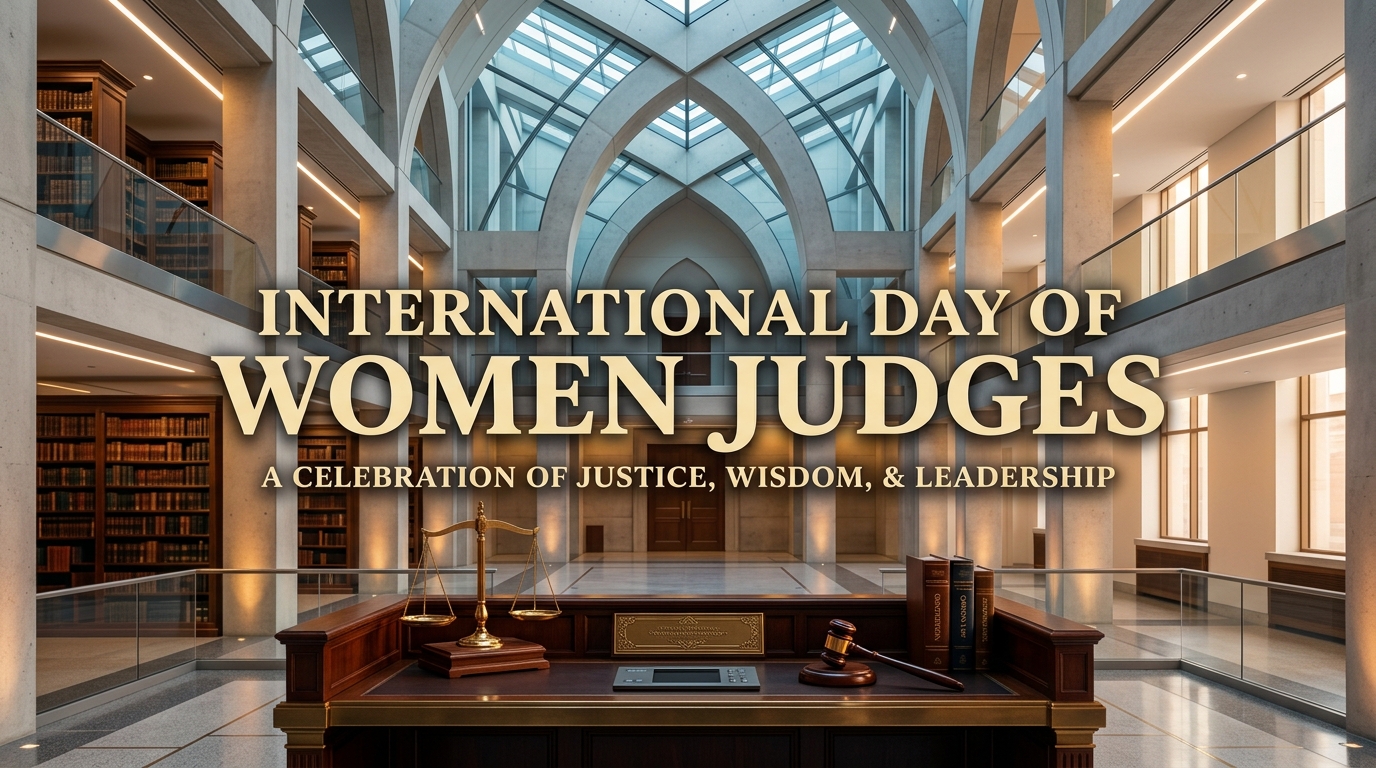 Modern courtroom interior with judge's desk and scales of justice