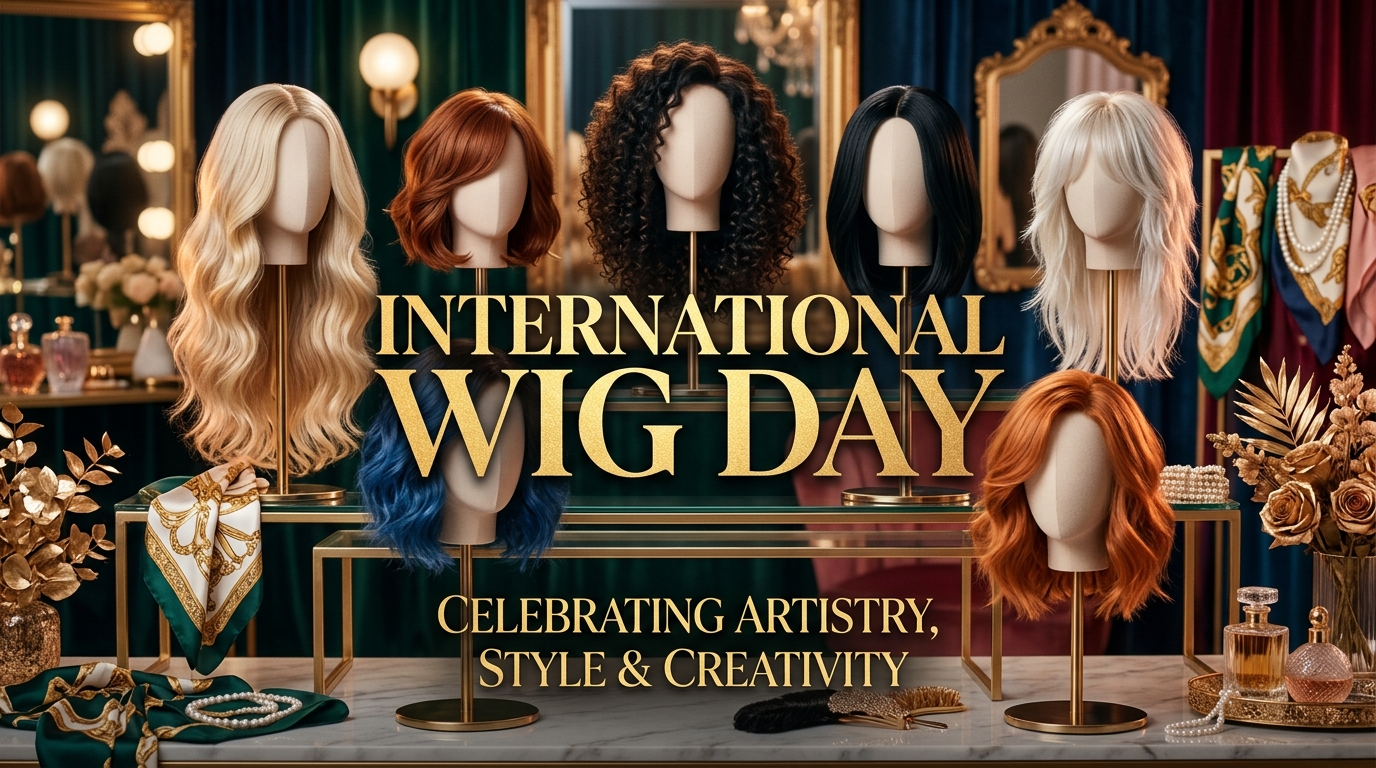 Six wigs on mannequin heads with gold accessories