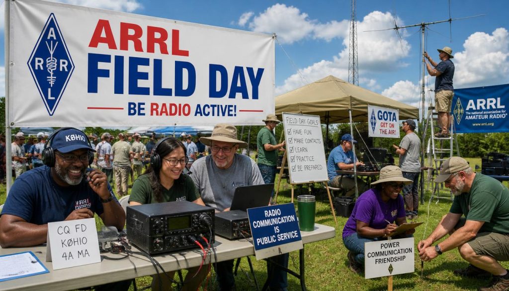 People setting up amateur radio equipment outdoors