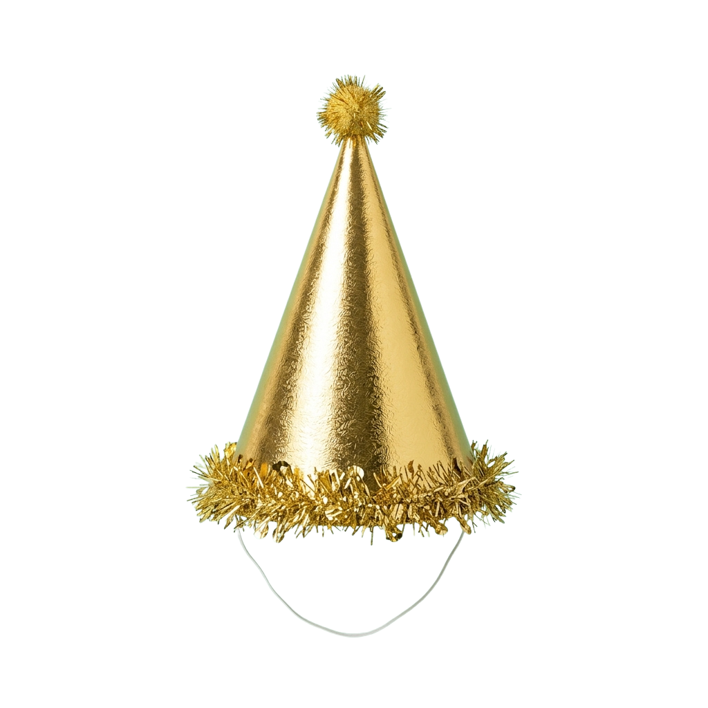 A shiny gold party hat with a fluffy yellow pom pom on top and a fuzzy yellow trim at the base