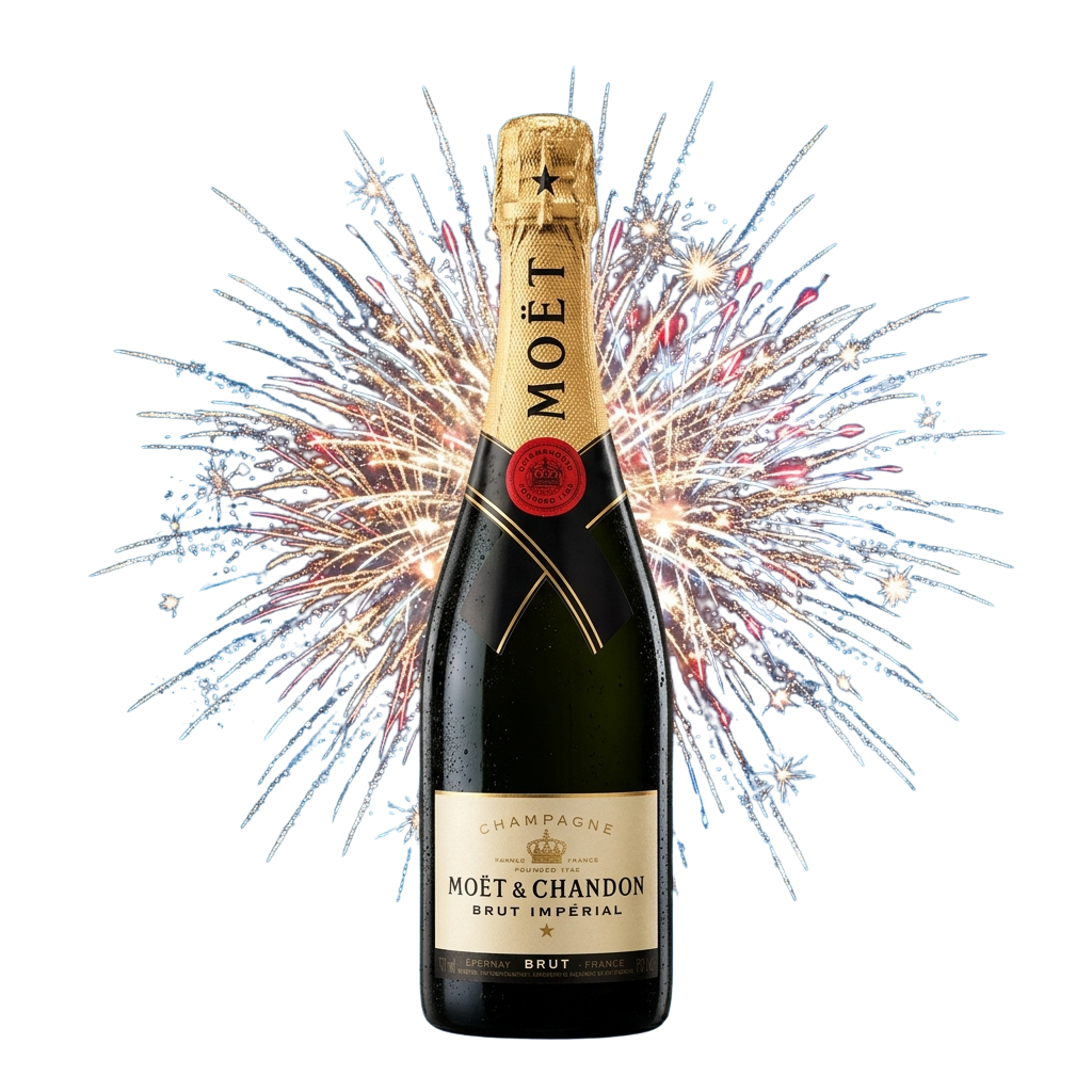 Bottle of champagne with gold foil top and label, surrounded by colorful fireworks against a black background
