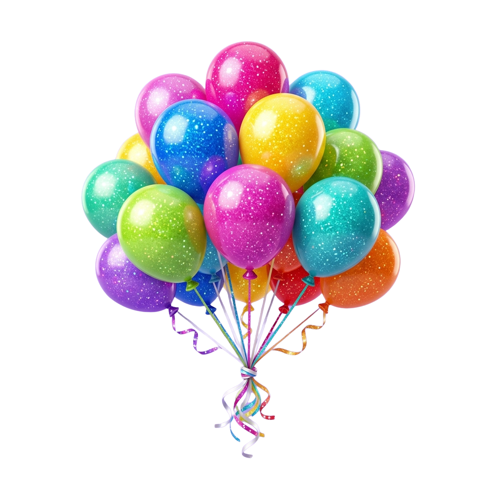 A vibrant bouquet of multicolored balloons tied together with ribbons against a black background