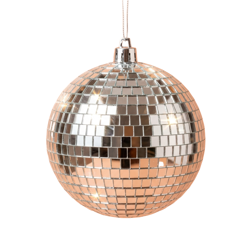 Shiny disco ball-style Christmas ornament hanging from a string against a dark background