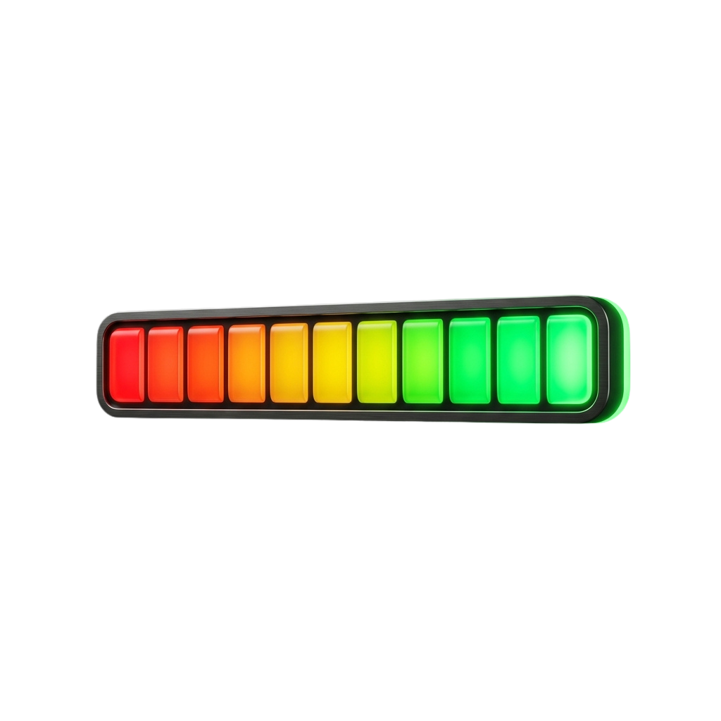 A battery status indicator showing low to full charge with a gradient from red to green