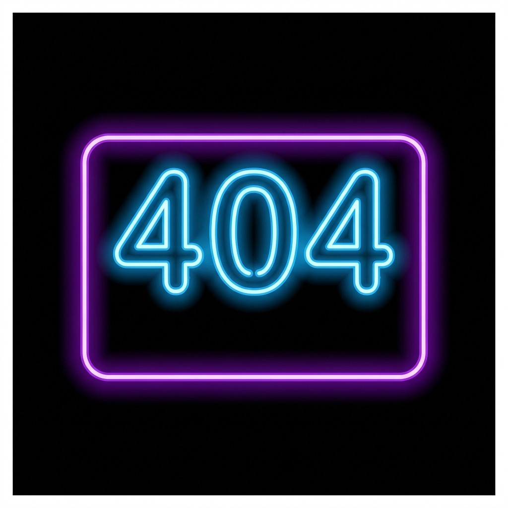 Neon sign displaying the numbers 404 inside a glowing purple rectangle on a black background