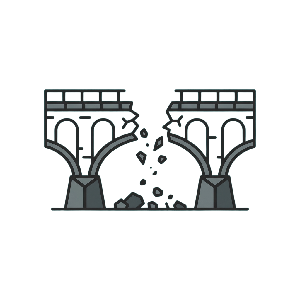 Illustration of a collapsed bridge with debris falling between supports and damaged arches
