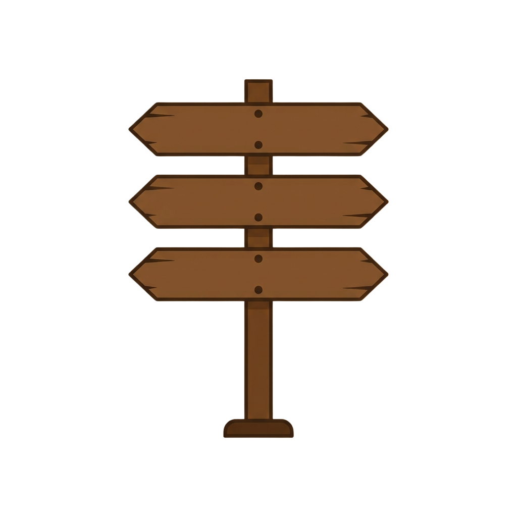 Illustration of a wooden signpost with three blank directional arrows pointing left, right, and straight ahead