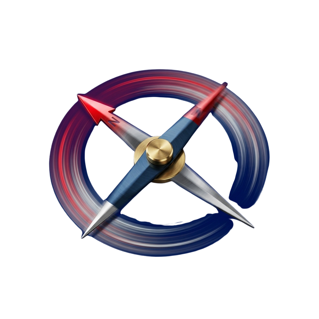 A stylized logo featuring four metallic arrows intersecting at a golden center with a circular gradient background in blue and red hues
