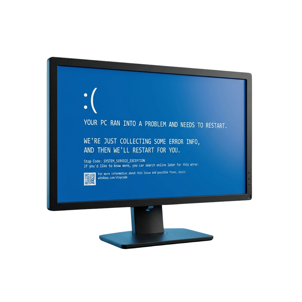 Computer monitor showing a blue screen error with SYSTEM_SERVICE_EXCEPTION stop code