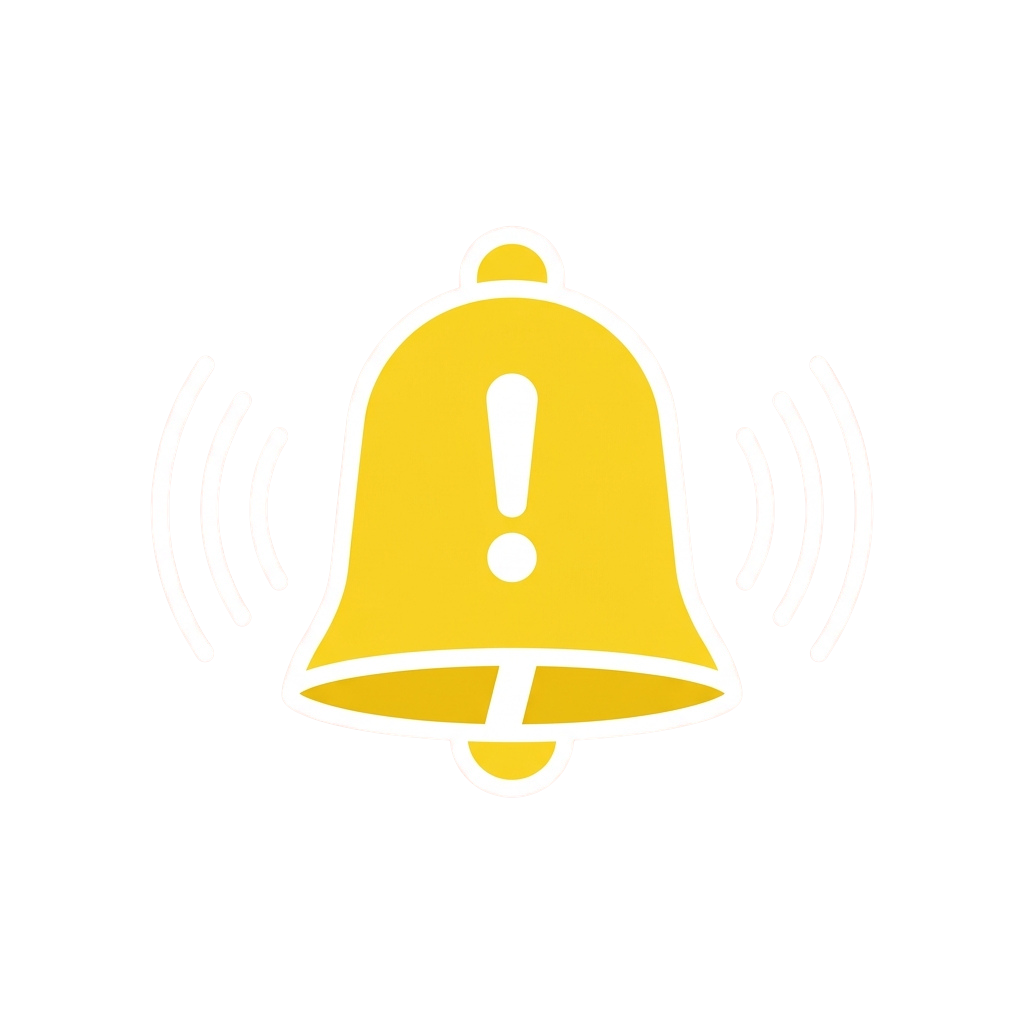 Yellow bell with an exclamation mark inside, emitting sound waves on both sides