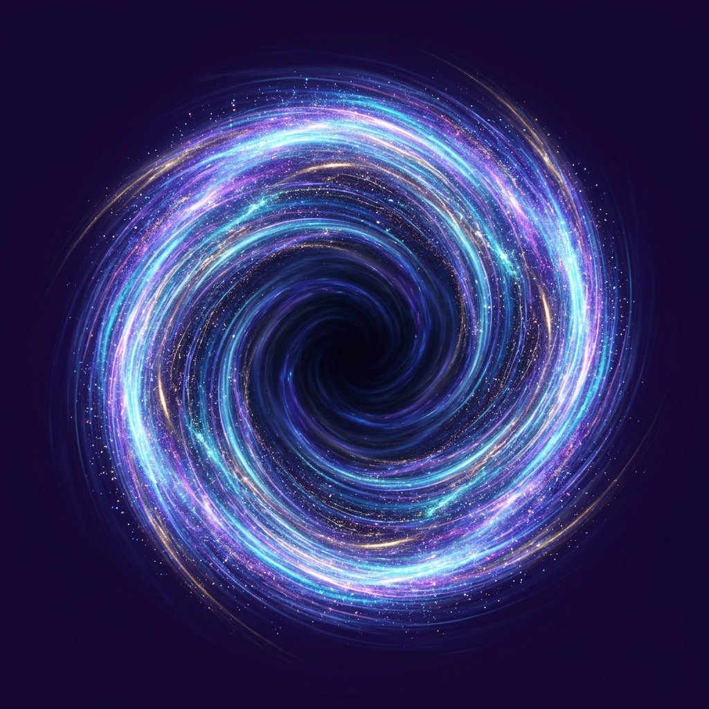 A vibrant, swirling galaxy design with bright blue and purple lights forming a spiral pattern