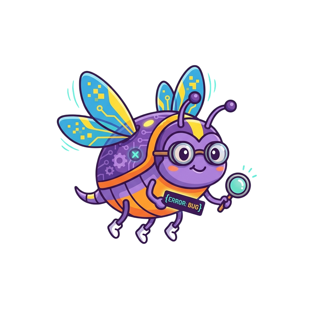 A cheerful cartoon bee with glasses and a magnifying glass examining an error bug label on its body