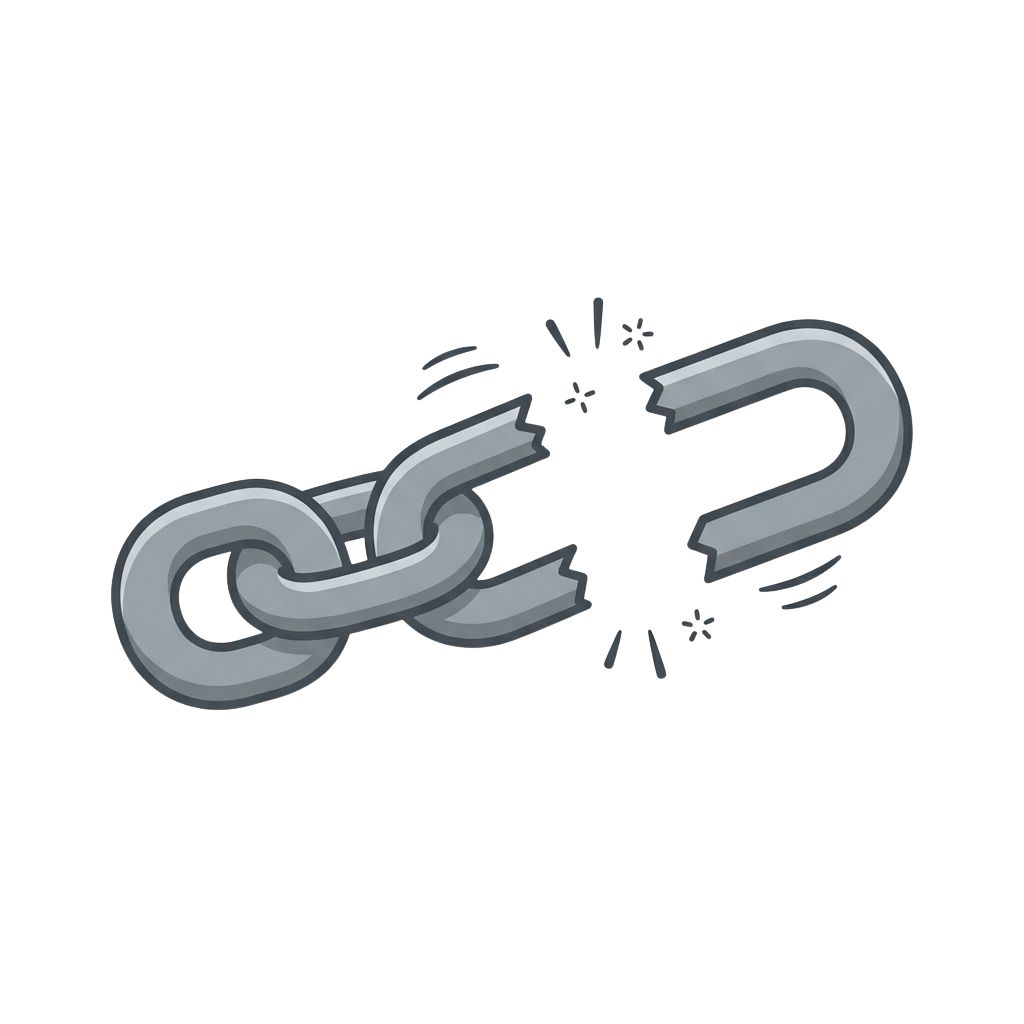 A broken chain link with one link pulled apart by a magnet, showing separation and connection failure.