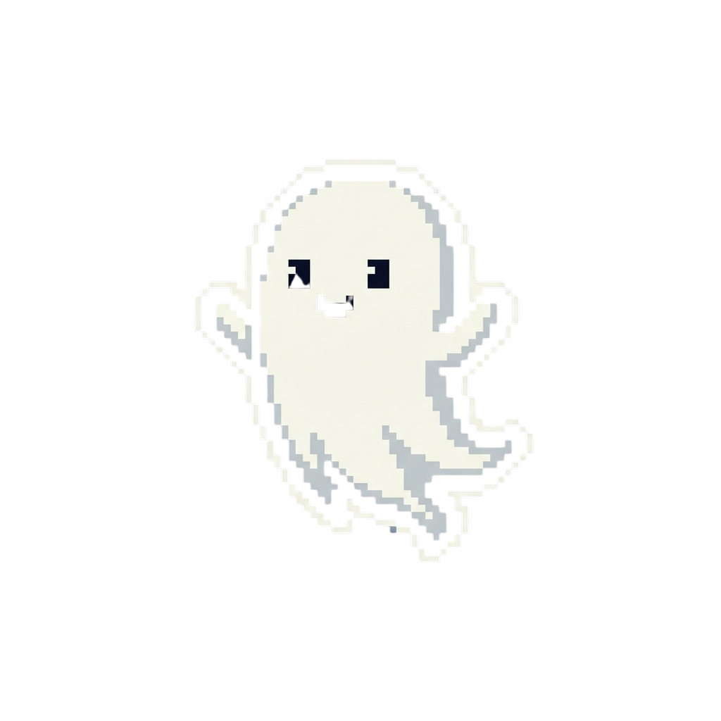 A smiling cartoon ghost made of light-colored pixels on a dark background