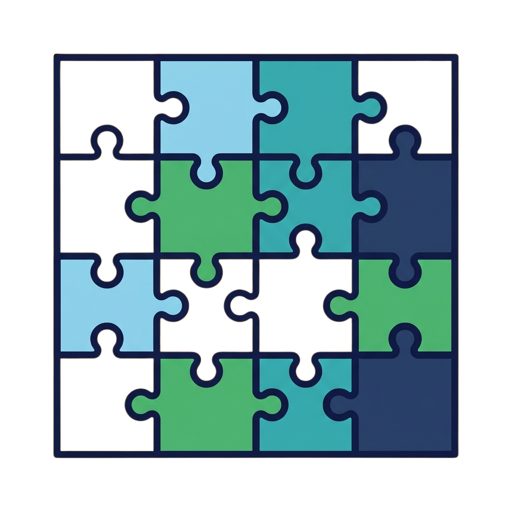 Colorful abstract jigsaw puzzle grid with interlocking pieces in shades of blue, teal, and green