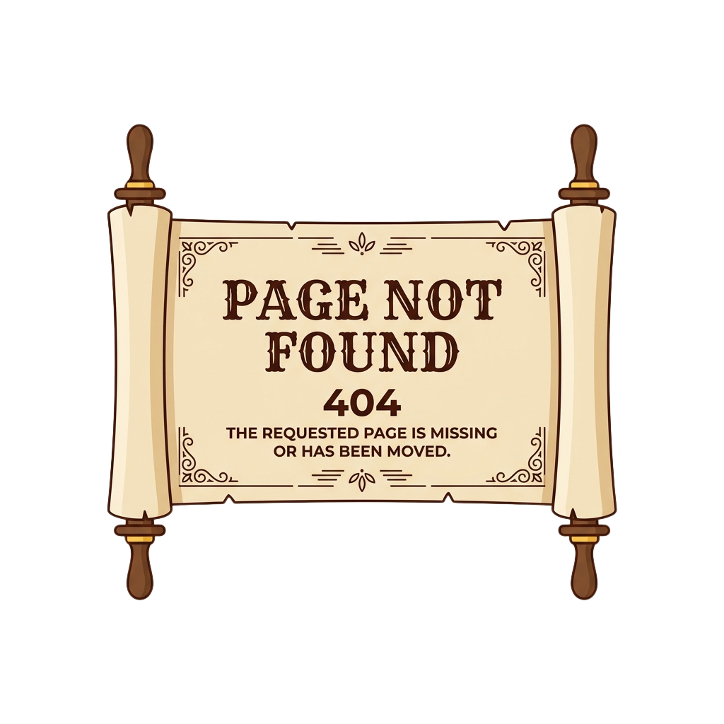 Illustration of a scroll with Page Not Found 404 error message and decorative borders
