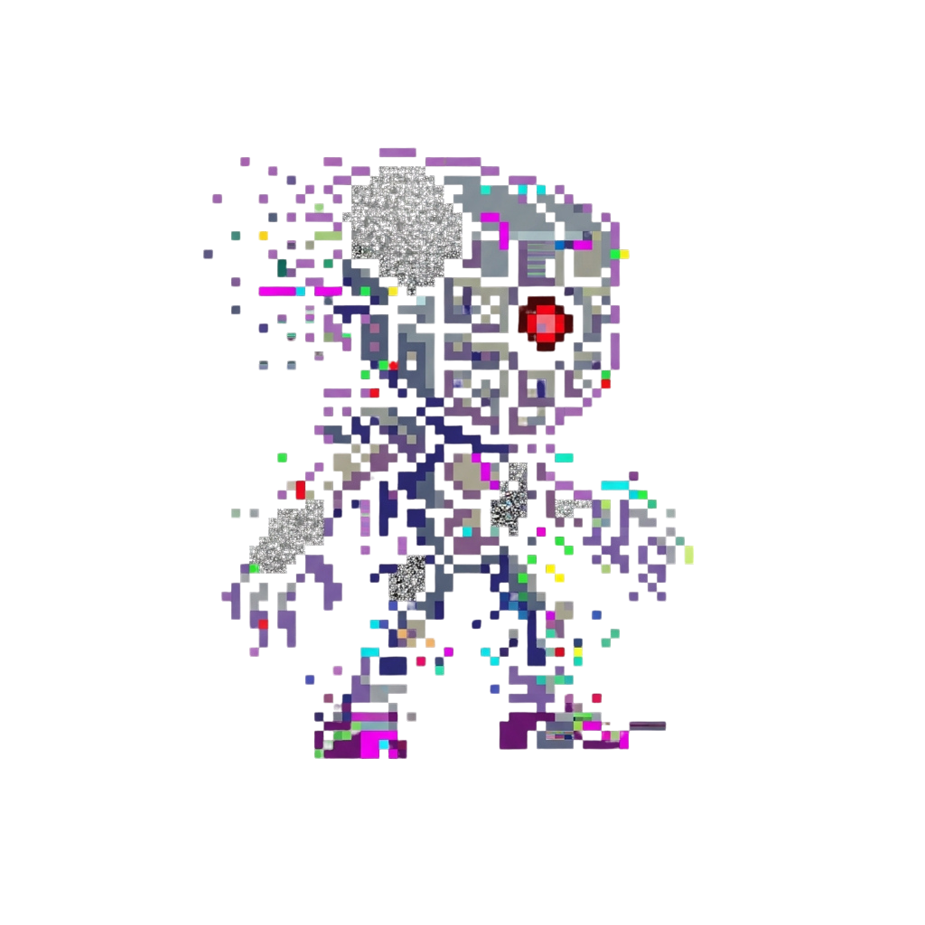 A pixelated robot character with colorful and blocky features standing against a black background