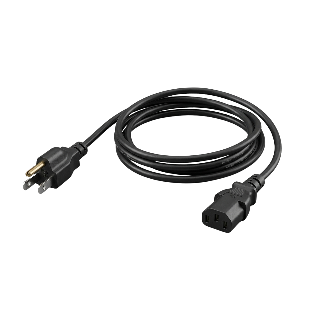 Black power cord with US plug on one end and a C14 female connector on the other.
