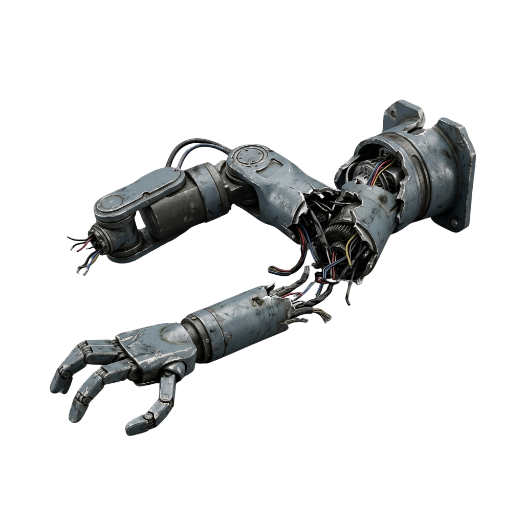 Close-up of a metallic robotic hand and forearm with exposed wiring and mechanical joints.