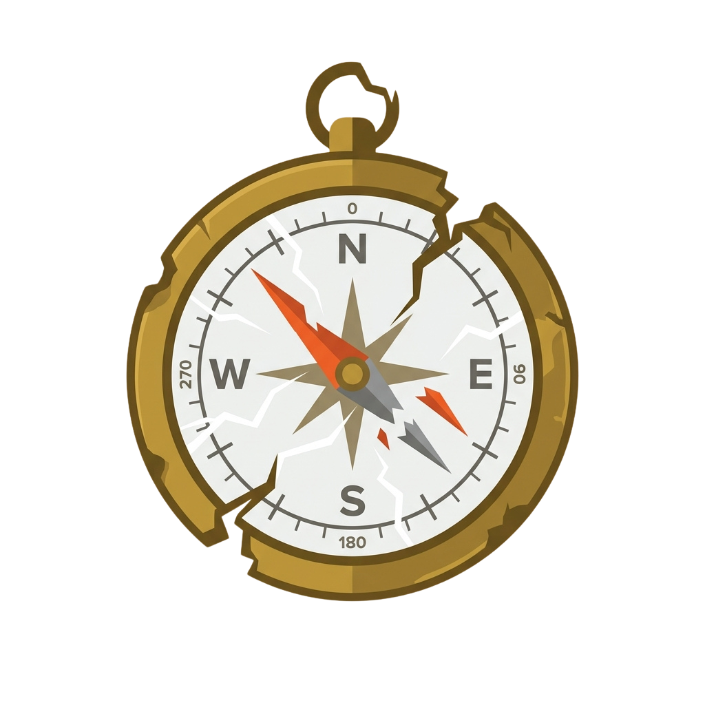 A stylized, cracked antique brass compass with a red and gray needle pointing northeast.