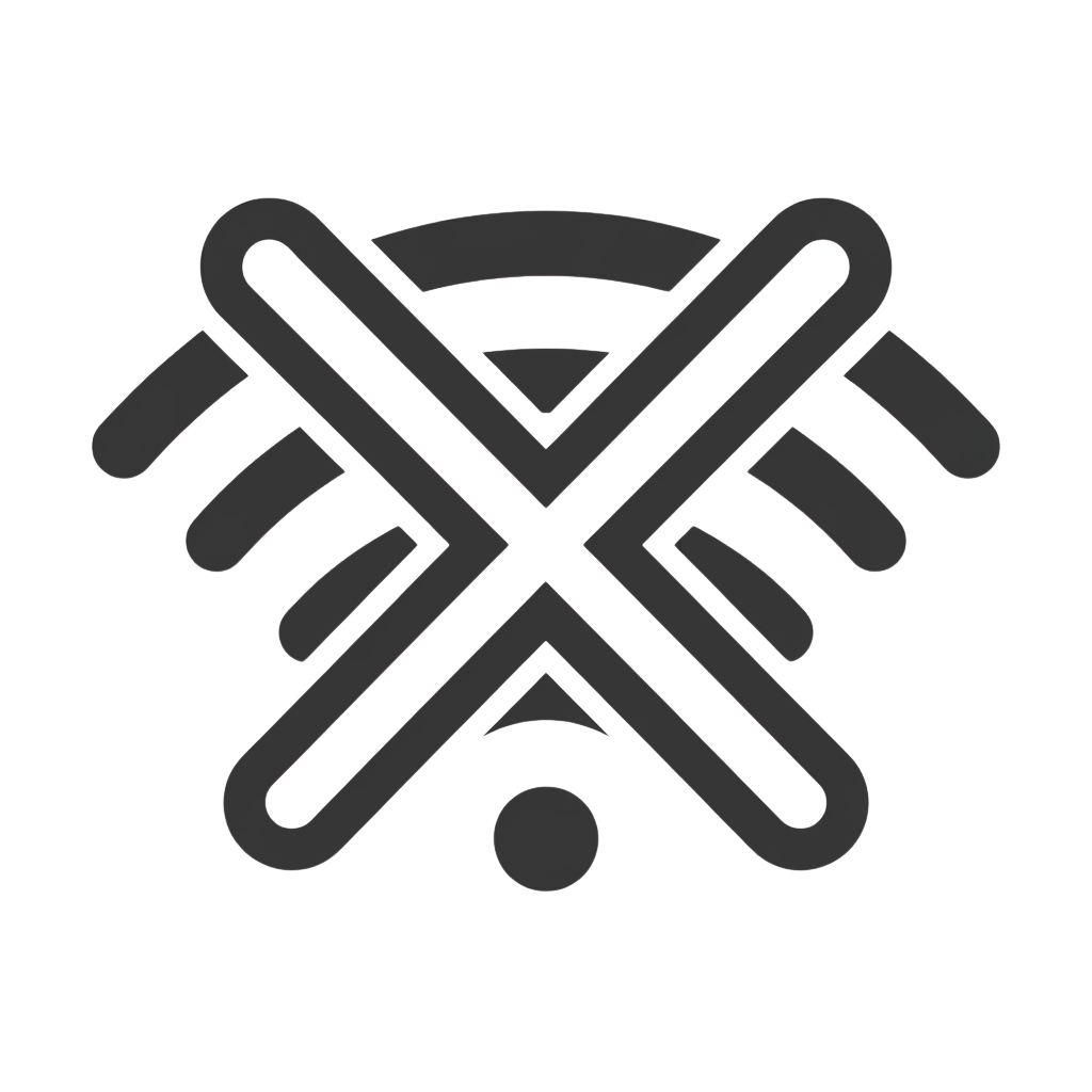 Abstract icon showing crossed WiFi signal bars with a dot below