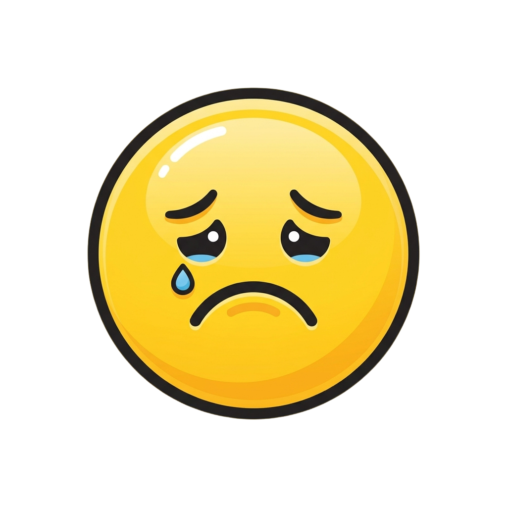 A yellow circular emoticon with a sad face crying tears and a frown