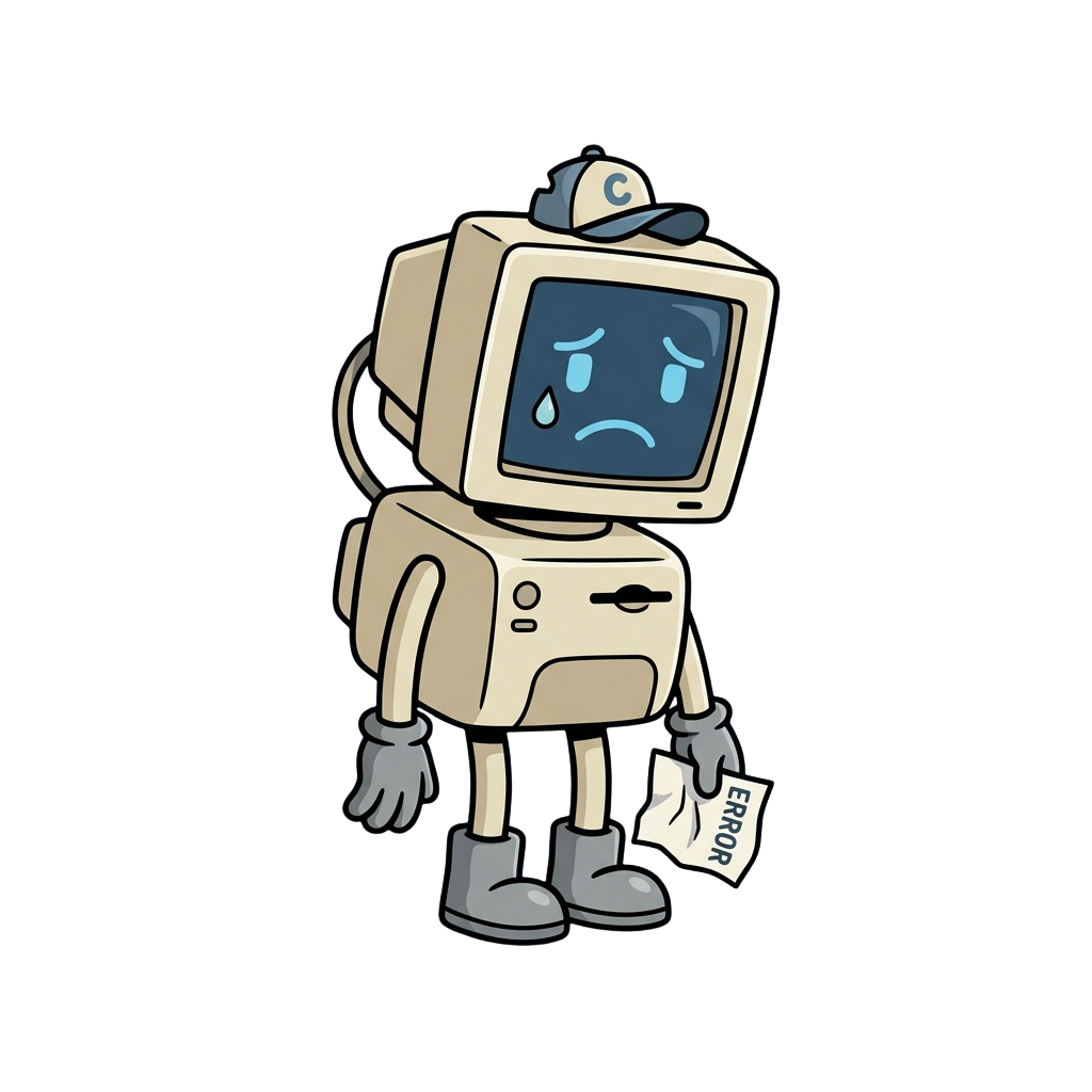 Cartoon robot with a computer monitor head crying and holding an error message sign