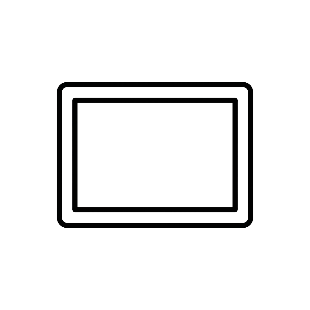 A simple wireframe outline of a tablet device with rounded corners and a beveled edge design.