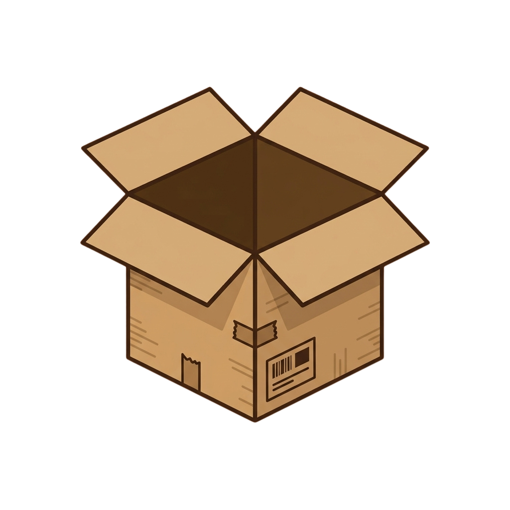 An open cardboard box with a barcode label on the front, viewed from an isometric perspective