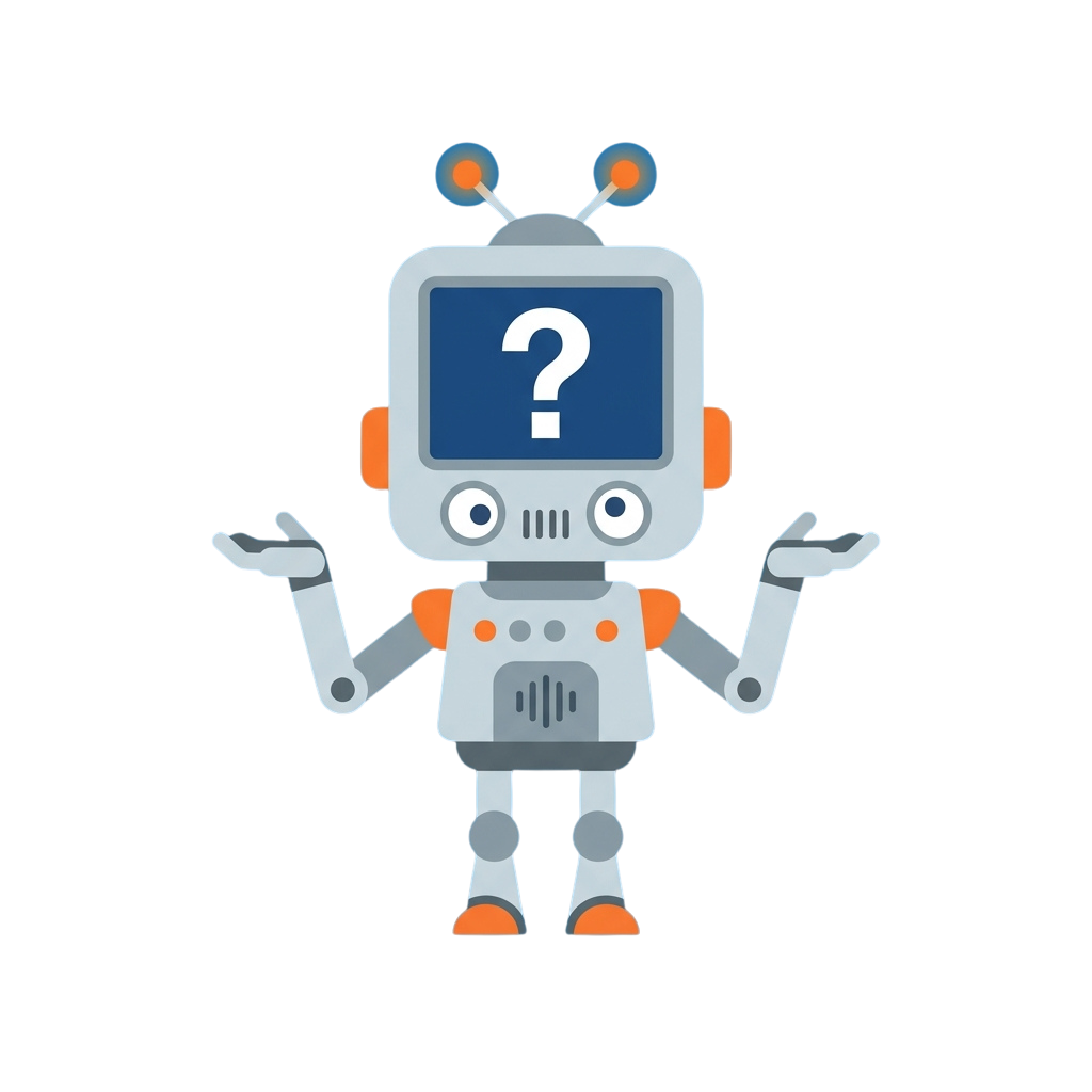 A friendly robot with outstretched arms and a question mark on its screen, appearing puzzled