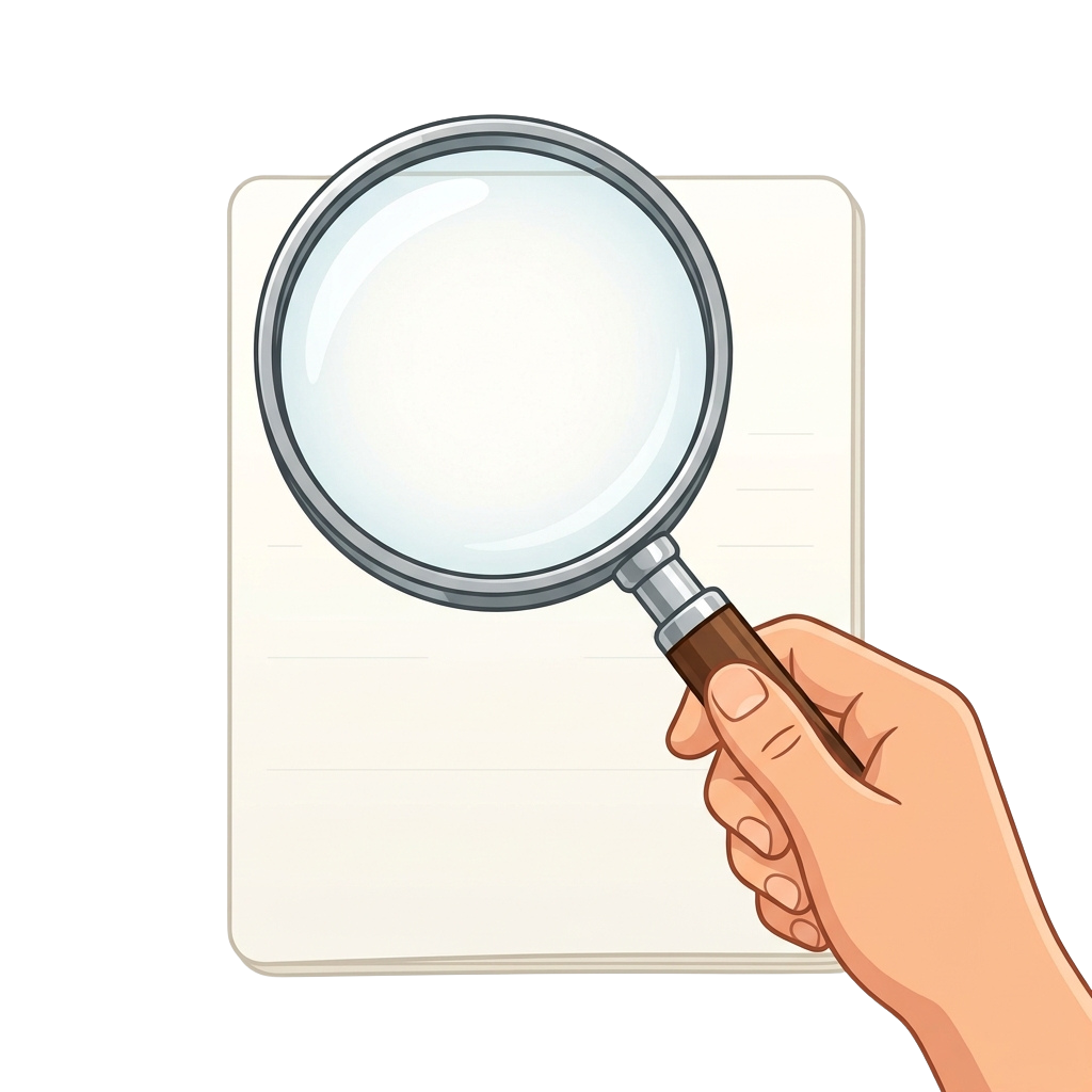 Hand holding a magnifying glass inspecting blank lined paper
