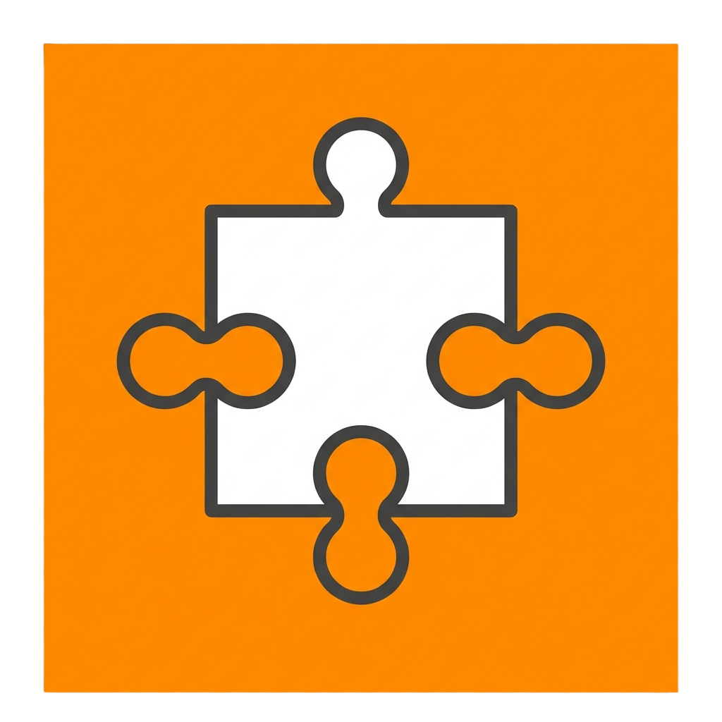 Single jigsaw puzzle piece with four connectors on orange background