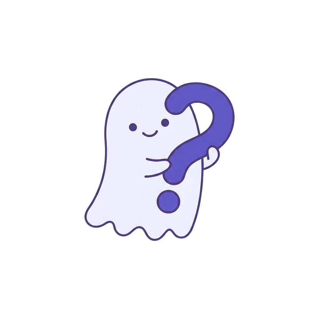 A friendly cartoon ghost holding a blue question mark symbol.