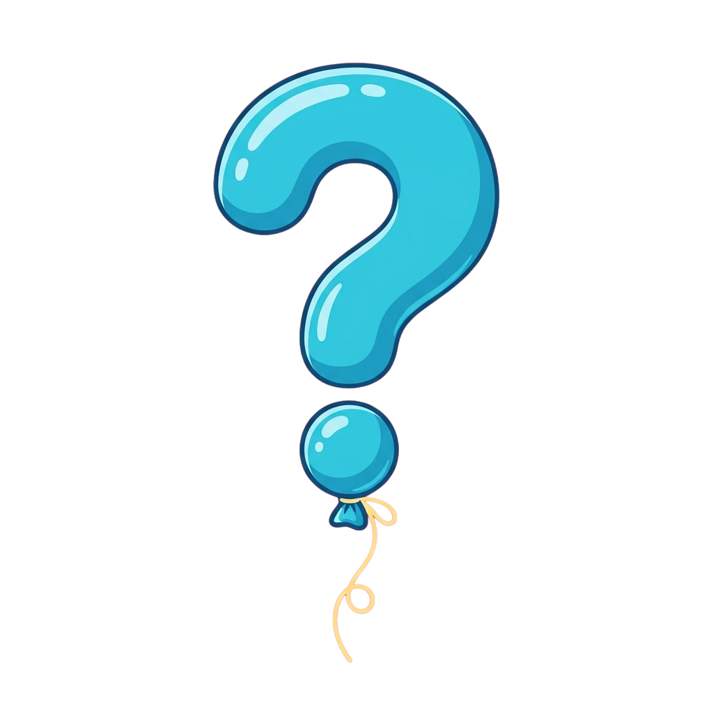 A large blue question mark balloon with a small blue balloon attached by a string