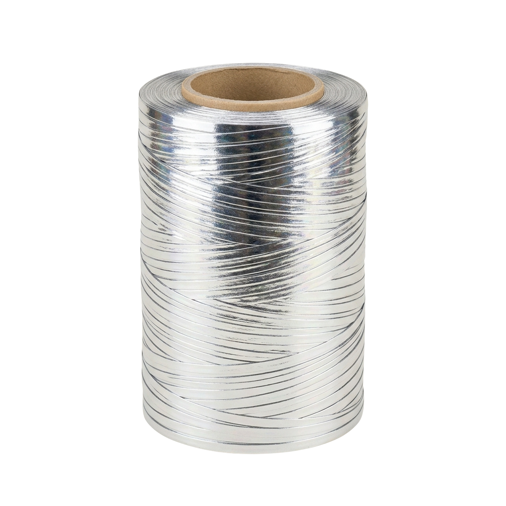 Roll of shiny metallic stretch wrap on a cardboard core