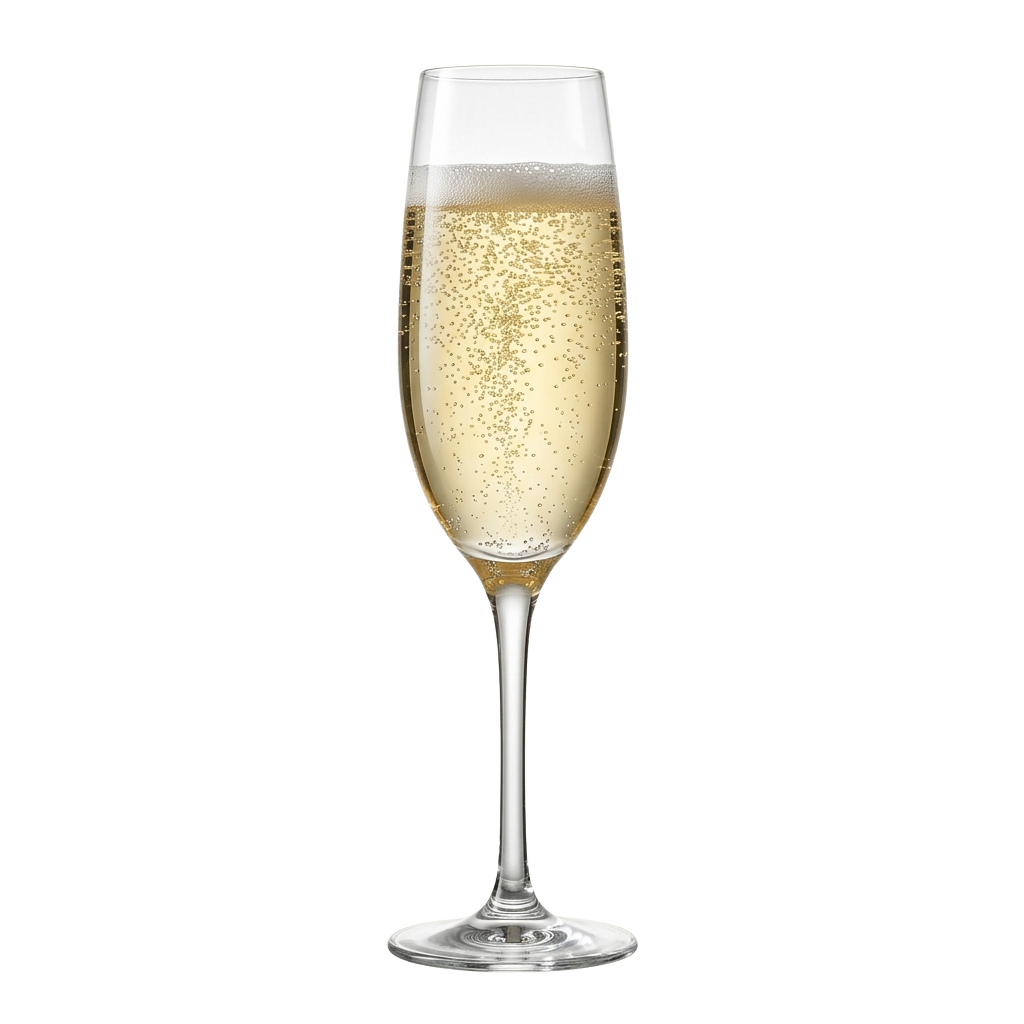 A tall flute glass filled with golden bubbly champagne against a black background