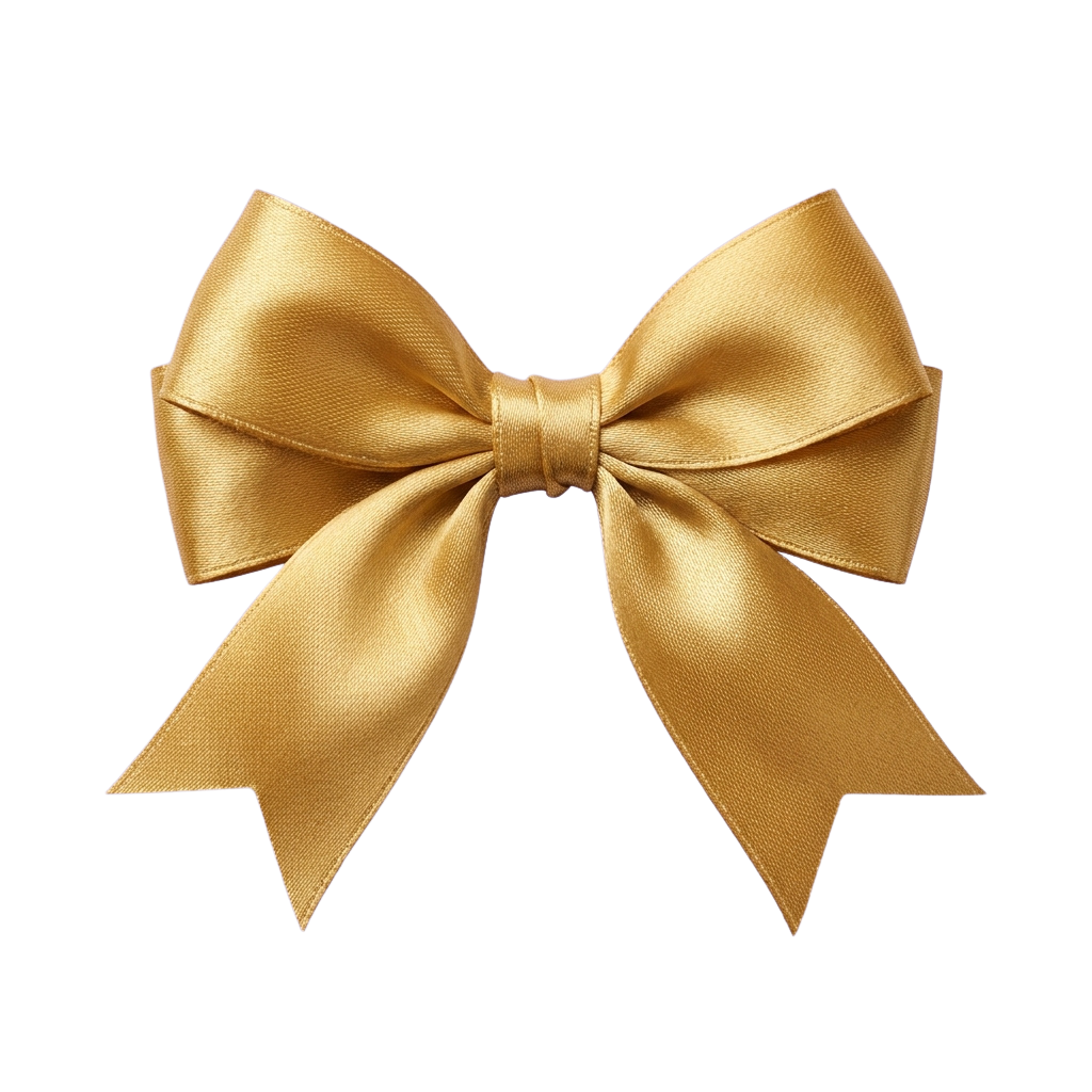 A neatly tied gold satin bow on a black background