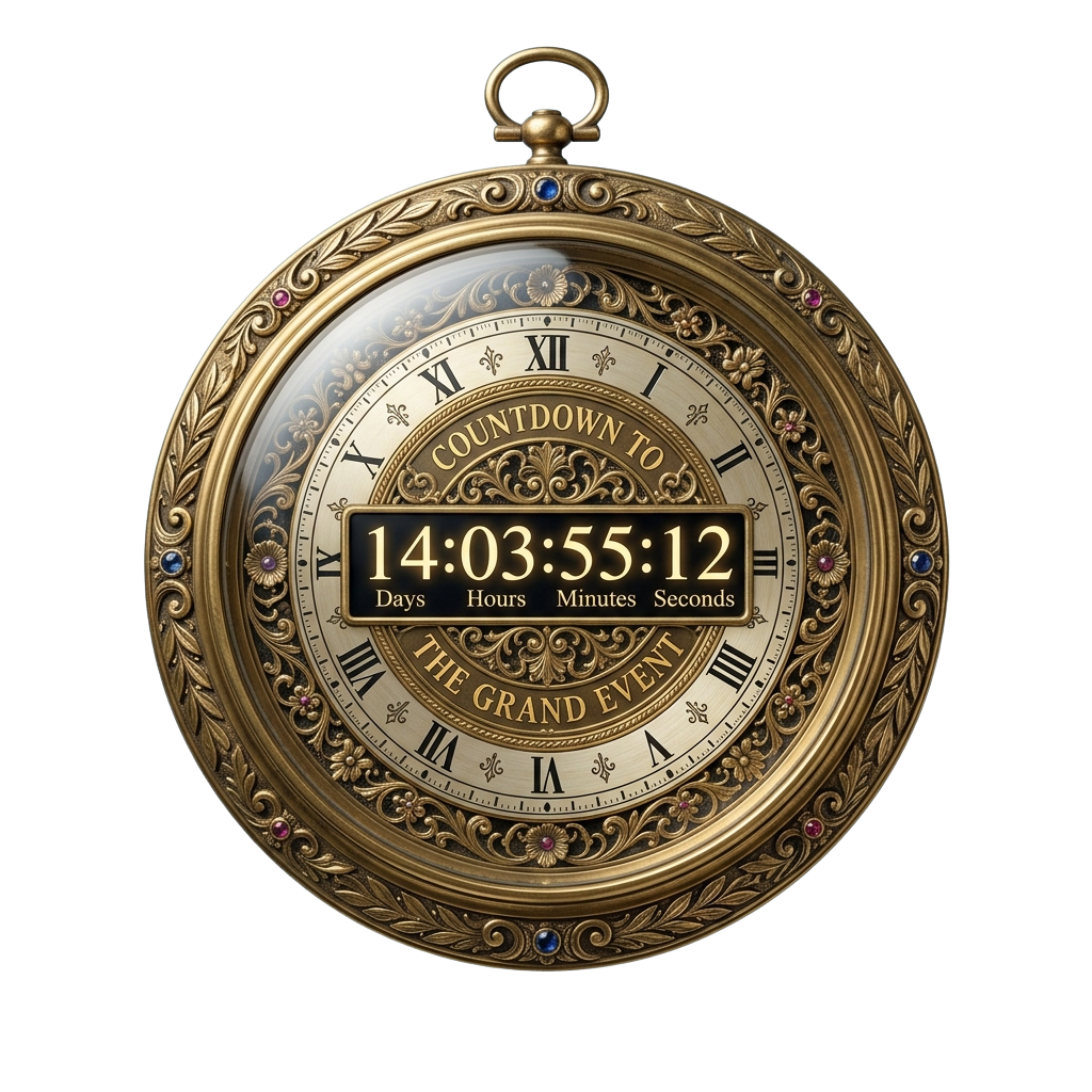 Decorative gold pocket watch displaying a countdown timer to a grand event with 14 days, 3 hours, 55 minutes, and 12 seconds remaining