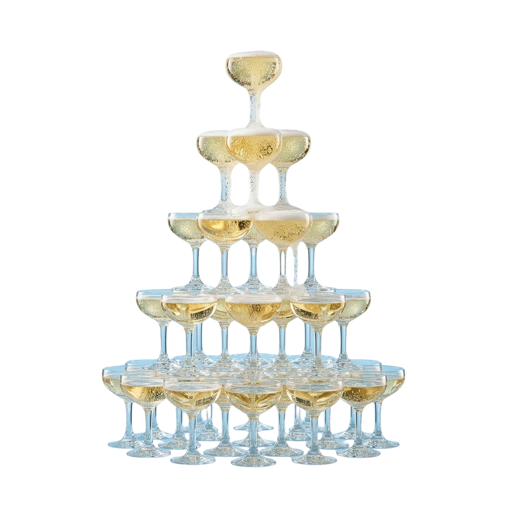 A tall pyramid made of stacked champagne flutes filled with golden liquid against a black background