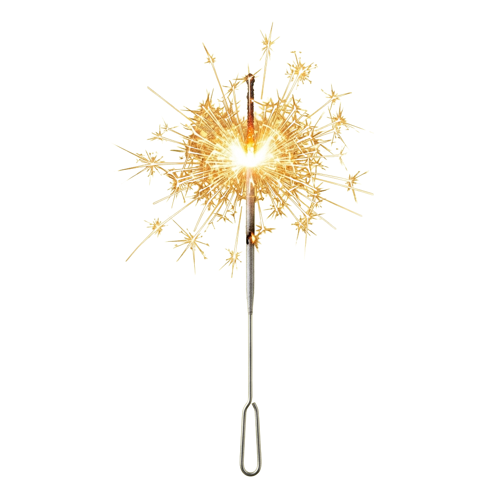 A lit sparkler with bright golden sparks radiating outward against a black background