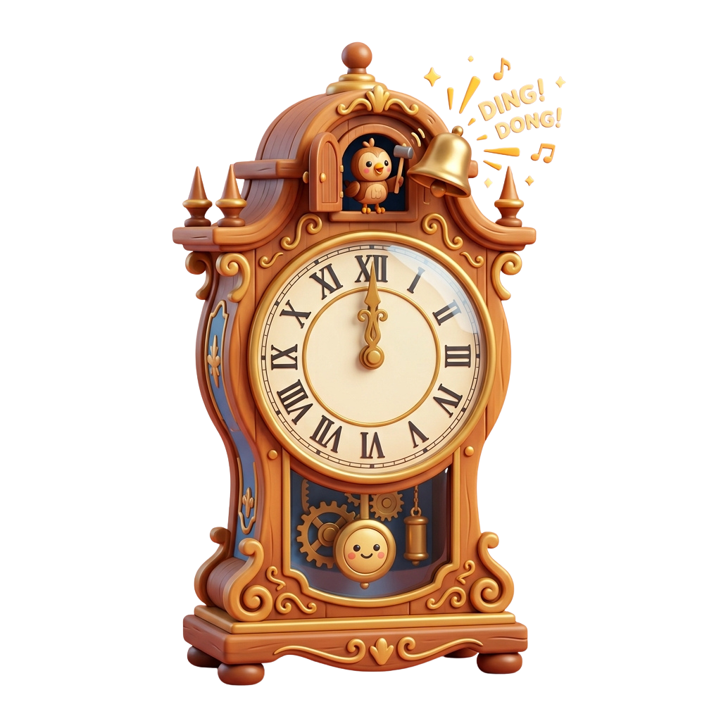 A decorative grandfather clock with an owl popping out and a smiling face gear mechanism, showing the time.