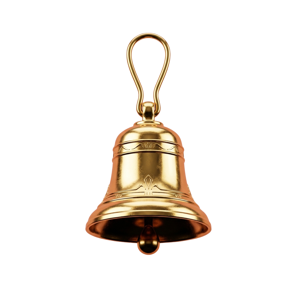 A shiny golden copper-colored bell hanging from a loop on a black background