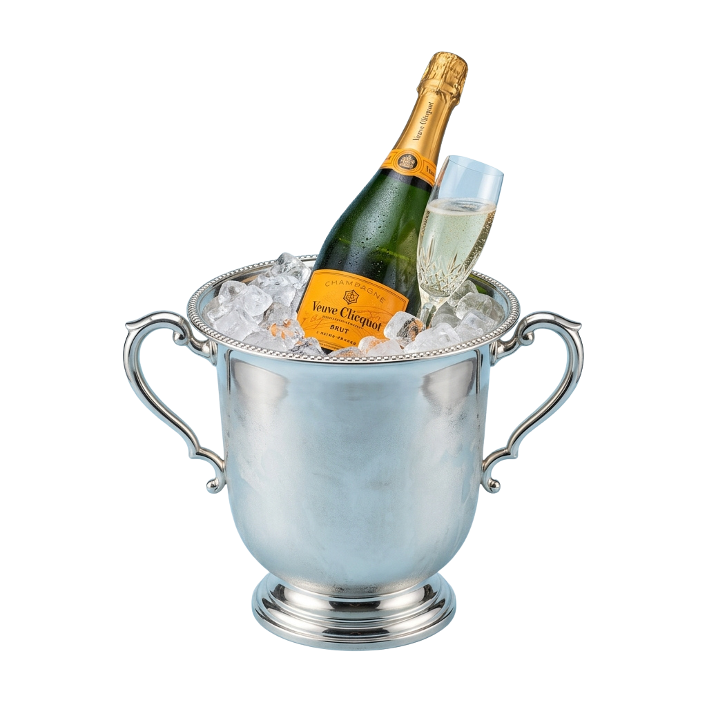 Silver ice bucket filled with ice, a bottle of sparkling wine, and a glass of champagne