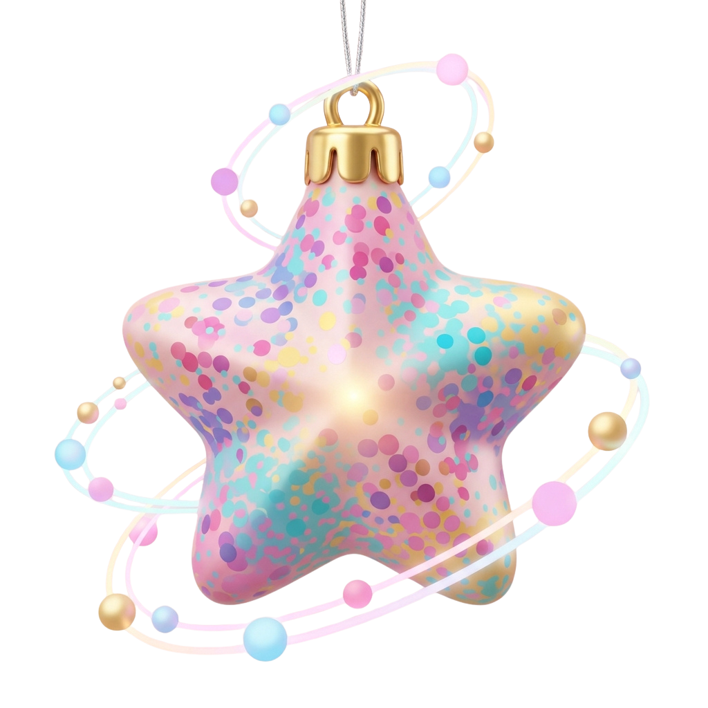 A star-shaped Christmas ornament with a glittery, multicolored speckled surface and a gold top, hanging with decorative loops and beads