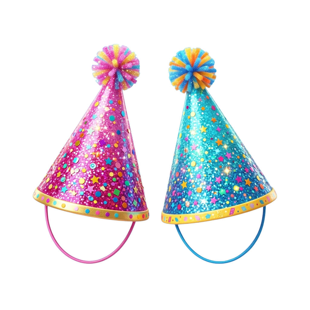 Two party hats, one pink with multicolored dots and stars, one blue with glittery stars, each with a pom pom on top and a ribbon at the bottom